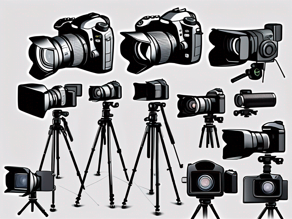 a camera gradually evolving into a professional photography setup, with various stages of equipment like tripods, lighting equipment, and lenses, hand-drawn abstract illustration for a company blog, white background, professional, minimalist, clean lines, faded colors