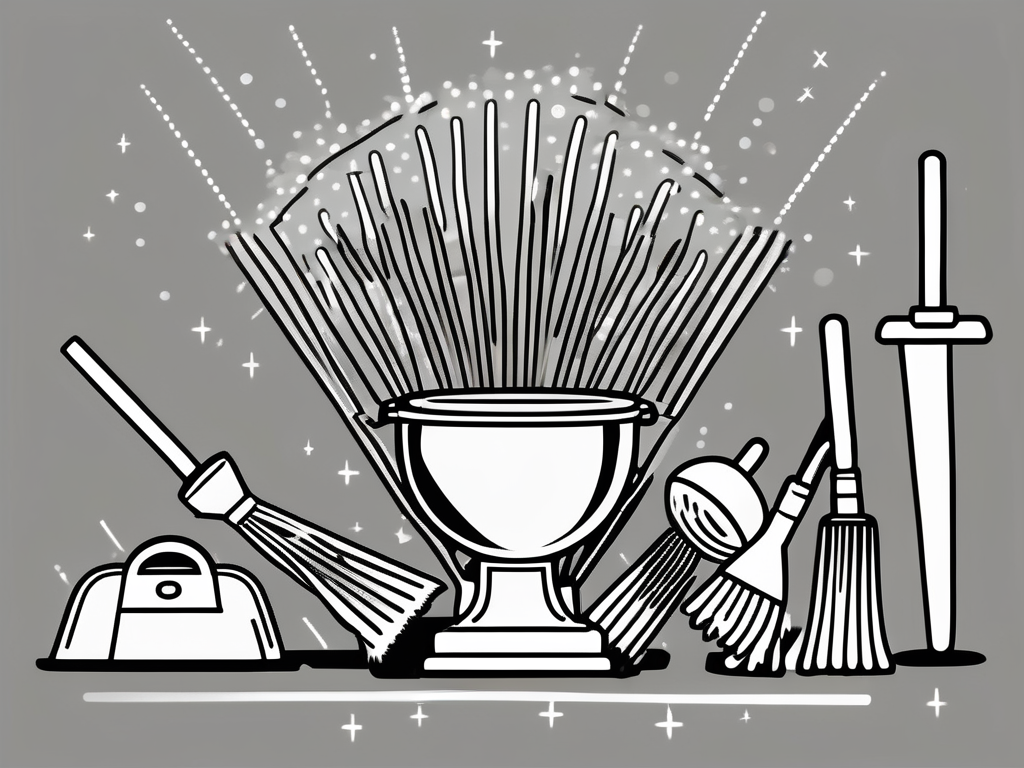 a shiny, spotless trophy surrounded by cleaning tools such as a mop, broom, and vacuum cleaner, with dollar signs sparkling around, implying the conversion of cleaning contest into a profitable business, hand-drawn abstract illustration for a company blog, white background, professional, minimalist, clean lines, black and white