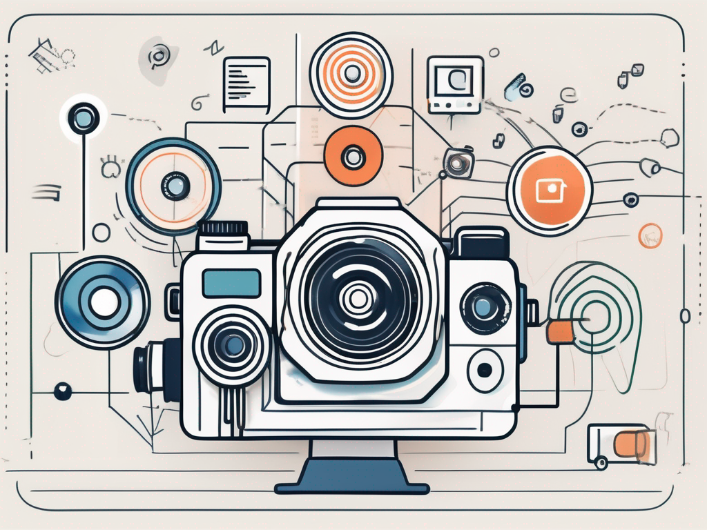 a camera intertwined with various marketing icons like a megaphone, graph, and target, all being organized within a CRM interface, hand-drawn abstract illustration for a company blog, white background, professional, minimalist, clean lines, faded colors