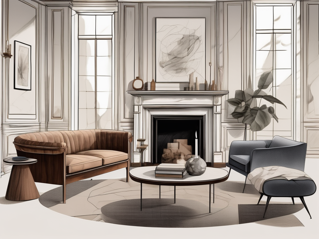 a room featuring a mix of modern and antique furniture pieces, with a focus on a piece in the process of restoration, displaying elements of both styles, hand-drawn abstract illustration for a company blog, white background, professional, minimalist, clean lines, faded colors