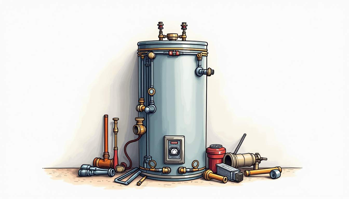 an intricately detailed water heater with visible components, such as pipes, valves, and gauges, set against a backdrop of tools commonly used for installation and repair, to visually convey the technical aspects of water heater maintenance, hand-drawn abstract illustration for a company blog, white background, professional, minimalist, clean lines, faded colors