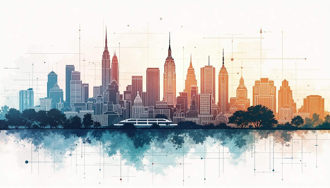 an intricate architectural blueprint overlaying a vibrant city skyline, showcasing a harmonious blend of modern and traditional structures, with elements like trees and parks integrated into the design, hand-drawn abstract illustration for a company blog, white background, professional, minimalist, clean lines, faded colors