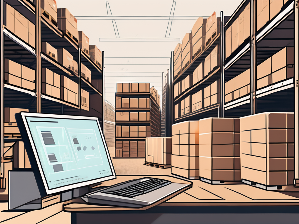 various inventory items like boxes, crates, and pallets, all neatly organized and labeled, with a computer screen in the background displaying an inventory management software interface, hand-drawn abstract illustration for a company blog, white background, professional, minimalist, clean lines, faded colors