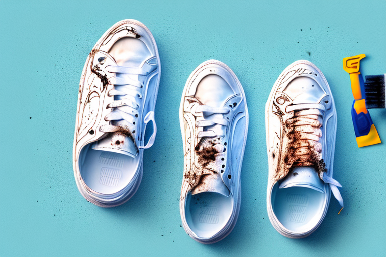 a pair of sneakers, one appearing dirty and worn out, and the other clean and fresh, surrounded by cleaning tools like a brush, cloth, and a bottle of cleaning solution, hand-drawn abstract illustration for a company blog, in style of corporate memphis, faded colors, white background, professional, minimalist, clean lines
