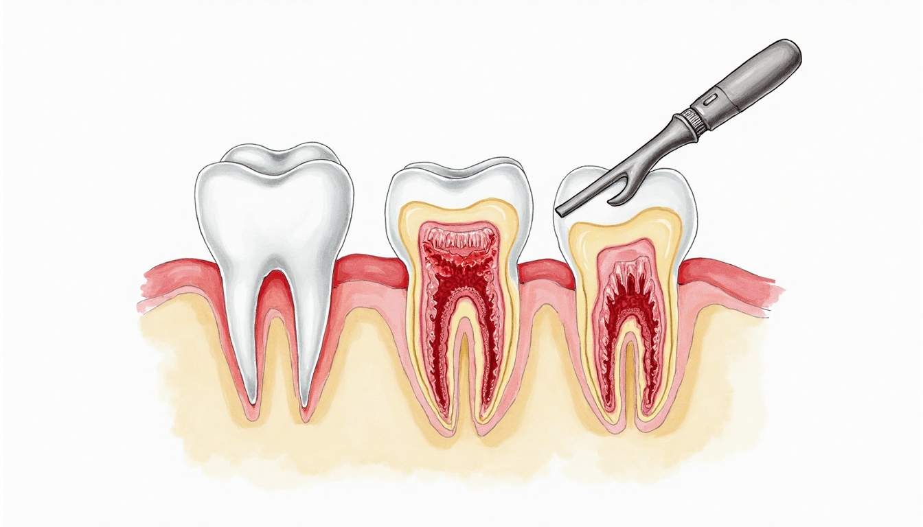 a cross-section of a tooth highlighting the affected areas, with visual indicators for infection and inflammation, alongside tools commonly used in root canal therapy, hand-drawn abstract illustration for a company blog, white background, professional, minimalist, clean lines, faded colors