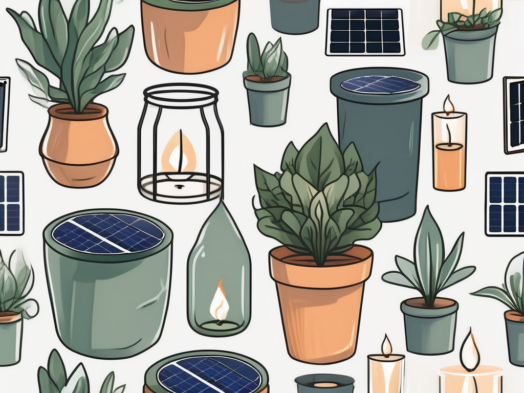 several different types of scented candles placed amongst various eco-friendly household items, like solar panels, recycling bins, and plant pots, to depict the integration of sustainable living, hand-drawn abstract illustration for a company blog, white background, professional, minimalist, clean lines, faded colors