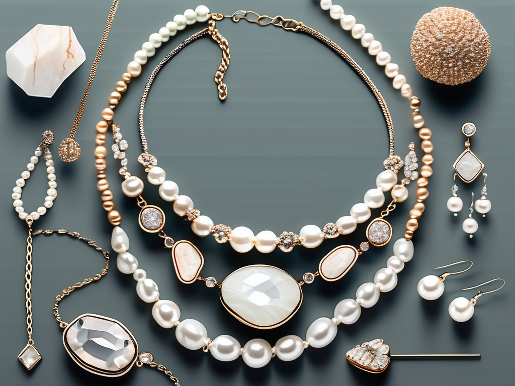 various pieces of old jewelry like broken necklaces, loose pearls, and mismatched earrings being transformed into a trendy, new statement necklace on a jewelry stand, hand-drawn abstract illustration for a company blog, white background, professional, minimalist, clean lines, faded colors