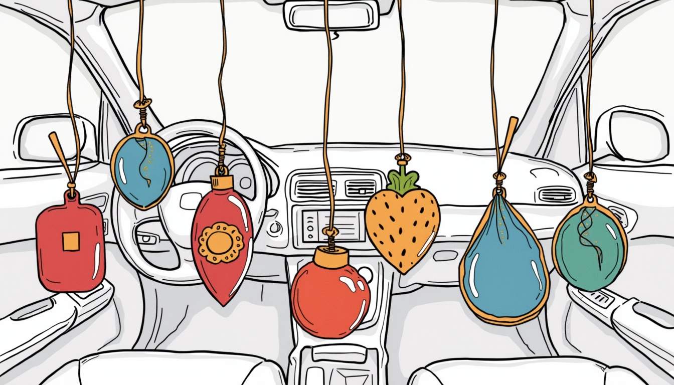 an assortment of car air fresheners in various shapes and scents, displayed in a car interior setting, highlighting their vibrant colors and designs, hand-drawn abstract illustration for a company blog, white background, professional, minimalist, clean lines, faded colors