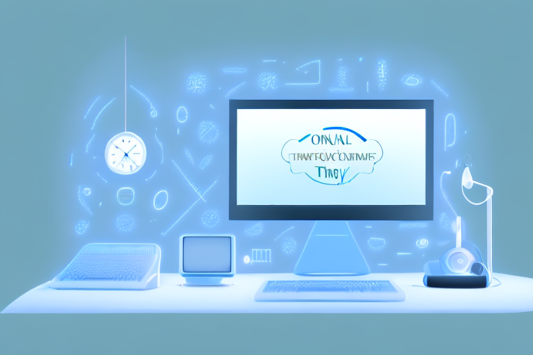 a computer screen displaying various therapy tools such as a calming landscape, an audio headset, and a digital clock, all surrounded by a glow to symbolize the transformative power of online therapy, hand-drawn abstract illustration for a company blog, in style of corporate memphis, faded colors, white background, professional, minimalist, clean lines