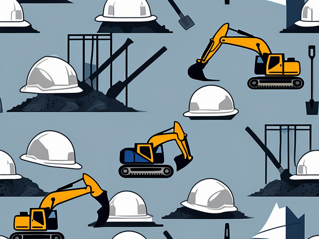 various excavation tools like a shovel, pickaxe, and a hard hat, against the backdrop of a construction site with an excavator and dirt piles, hand-drawn abstract illustration for a company blog, white background, professional, minimalist, clean lines, light navy blue and gray