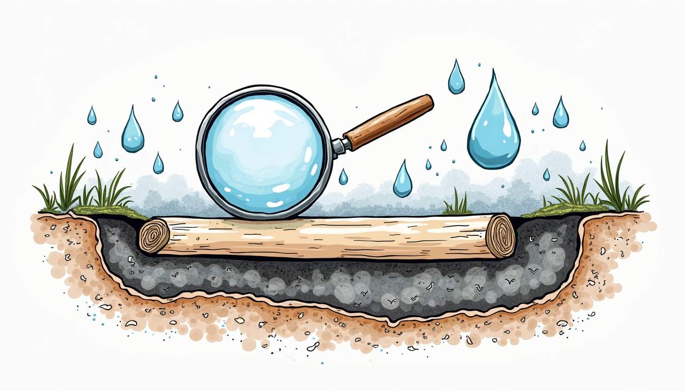 a cross-section view of a crawl space showing mold growth on wooden beams and insulation, with a magnifying glass highlighting the affected areas, surrounded by moisture indicators like water droplets and humidity gauges, hand-drawn abstract illustration for a company blog, white background, professional, minimalist, clean lines, #004c4c colour scheme