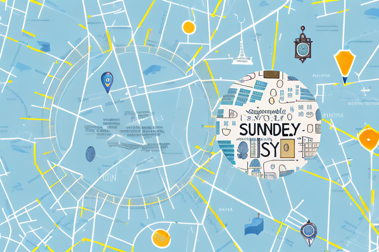 a detailed map of Sydney with symbolic icons representing various eye clinics scattered around, and a magnifying glass hovering over one of them, hand-drawn abstract illustration for a company blog, in style of corporate memphis, faded colors, white background, professional, minimalist, clean lines