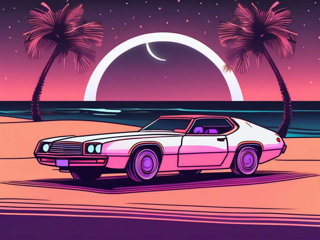 a car with neon underglow lights parked on a California beach at night, with the iconic palm trees and the moon in the background, hand-drawn abstract illustration for a company blog, white background, professional, minimalist, clean lines, faded colors