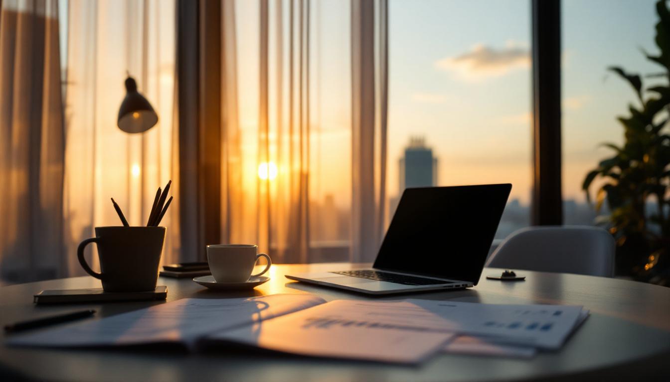 Arbeidsplass med dokumenter og PC i solnedgang som symboliserer analyse og beslutningsgrunnlag i verdivurdering.