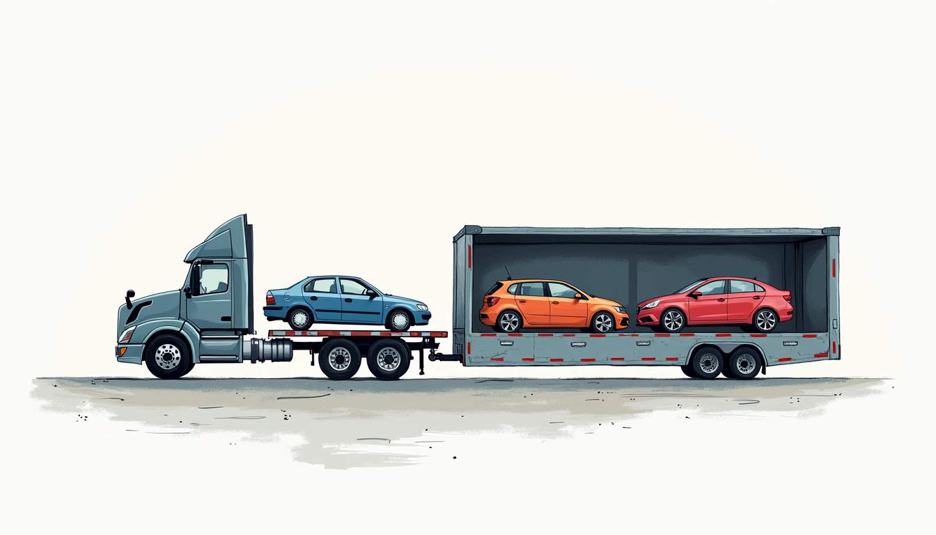 an open car transport truck on one side, showcasing vehicles exposed to the elements, and an enclosed car transport truck on the other side, featuring cars securely housed within a protective trailer, with a contrasting background to highlight the differences in shipping methods, hand-drawn abstract illustration for a company blog, white background, professional, minimalist, clean lines, faded colors