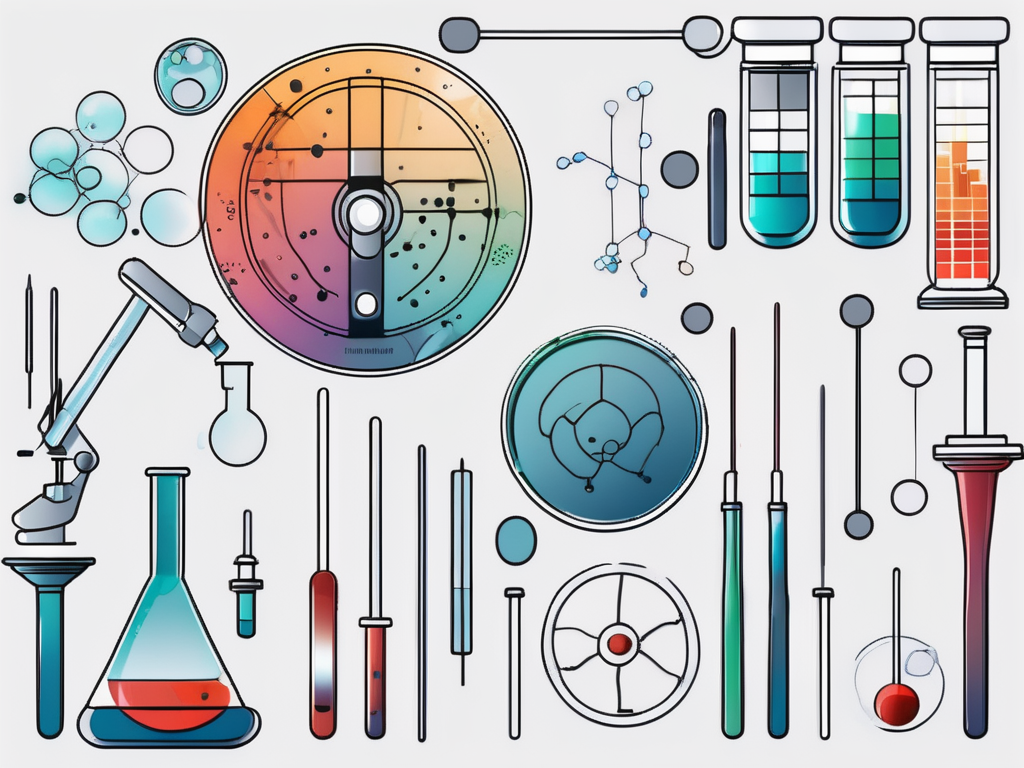 a 96 well plate with various colors and symbols representing organized data, along with some scientific tools like a pipette and a microscope, hand-drawn abstract illustration for a company blog, white background, professional, minimalist, clean lines, faded colors