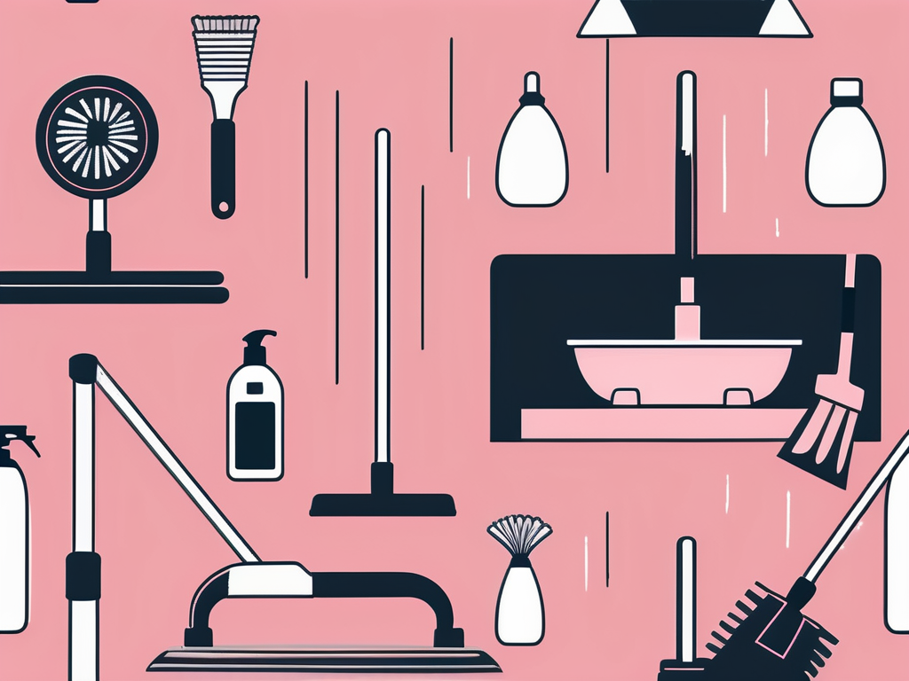 a pristine, sparkling home in Dayton, Ohio, with cleaning tools like a mop, broom, and vacuum nearby, symbolizing the effect of a top-notch cleaning service, hand-drawn abstract illustration for a company blog, white background, professional, minimalist, clean lines, stone pink