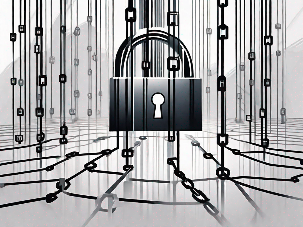 a corporate building with a large padlock on it, and digital chains in the form of binary code wrapping around it, representing the unauthorized access to consumer accounts, hand-drawn abstract illustration for a company blog, white background, professional, minimalist, clean lines, faded colors