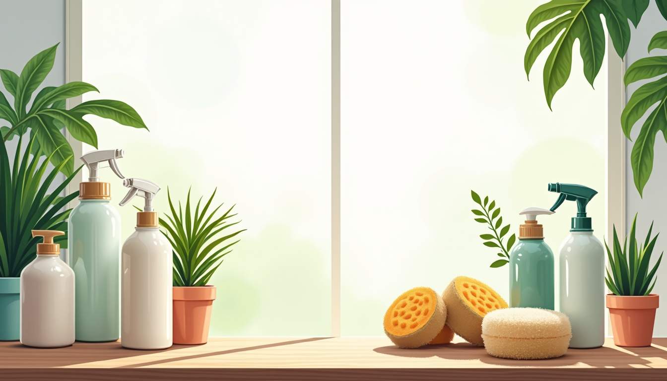 an assortment of eco-friendly cleaning products, such as bottles made from recycled materials, natural sponges, and plants, arranged on a wooden countertop surrounded by green leaves and gentle sunlight filtering through a window, hand-drawn abstract illustration for a company blog, white background, professional, minimalist, clean lines, faded colors