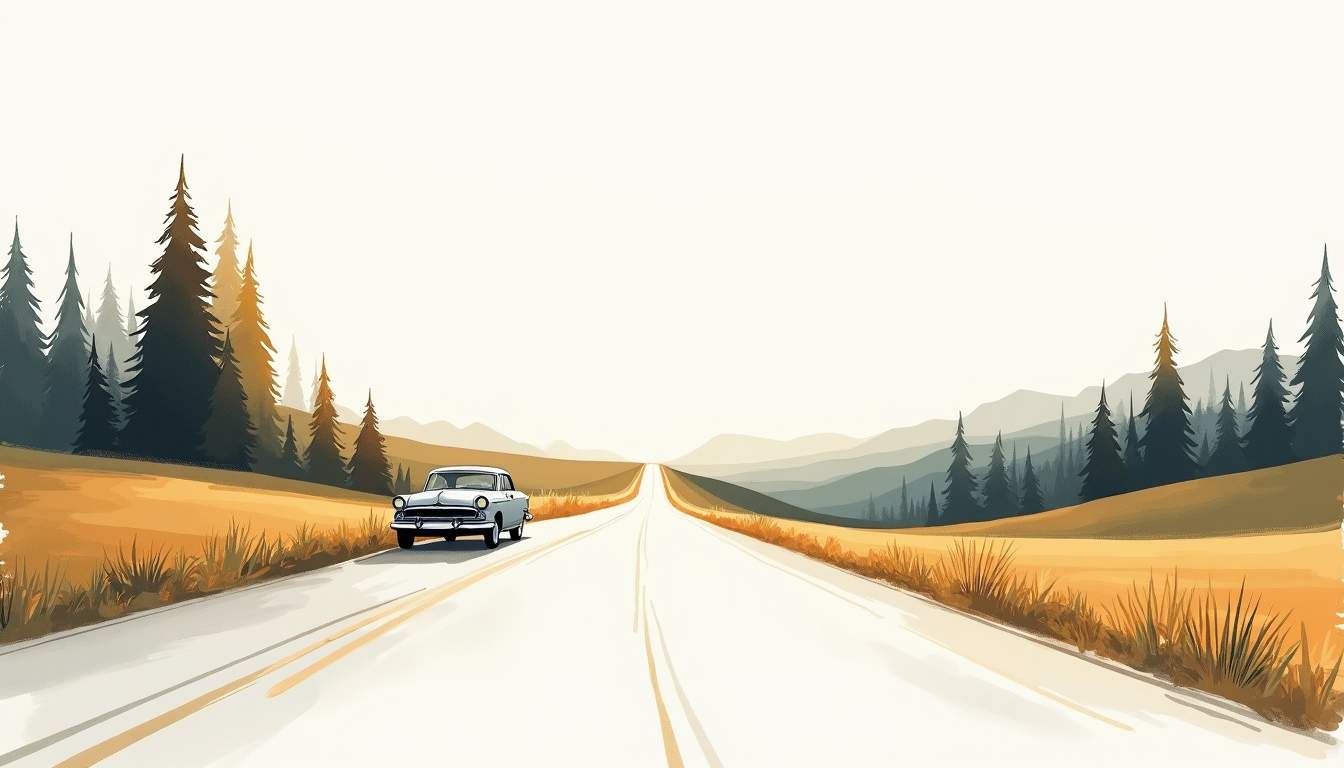 an open road stretching into the horizon, flanked by calming scenery such as trees and gentle hills, with a classic car parked at a scenic overlook to symbolize the journey of learning to drive and the importance of patience along the way, hand-drawn abstract illustration for a company blog, white background, professional, minimalist, clean lines, faded colors