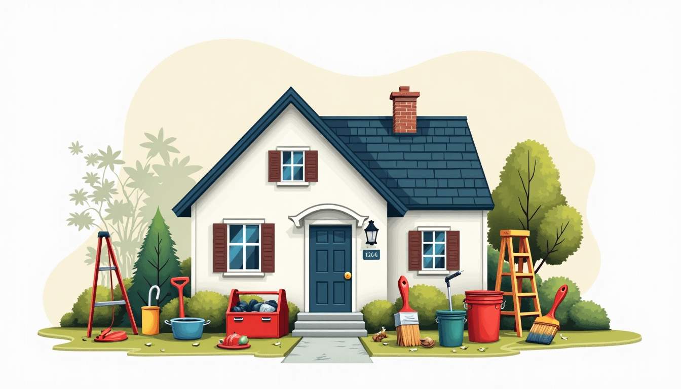 a well-maintained rental property showcasing various handyman tools and equipment, such as a toolbox, paintbrush, ladder, and plumbing supplies, arranged around the exterior of the house to highlight the importance of upkeep and repairs, hand-drawn abstract illustration for a company blog, white background, professional, minimalist, clean lines, faded colors