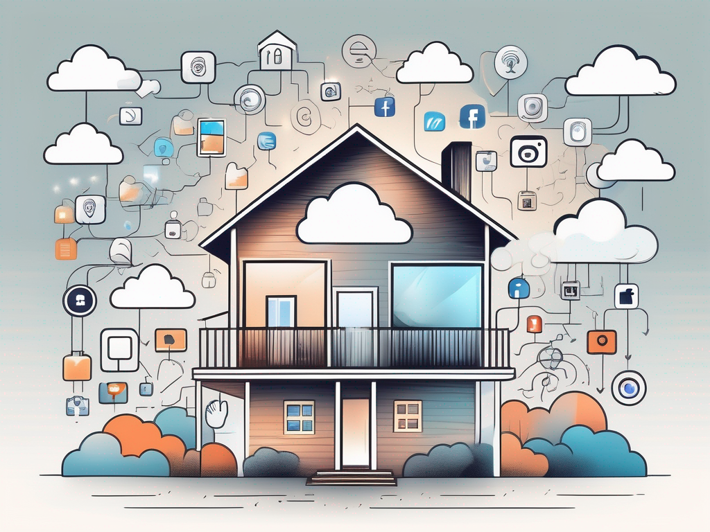 a house surrounded by various social media icons like a cloud, symbolizing the integration and enhancement of its visibility through social media platforms, hand-drawn abstract illustration for a company blog, white background, professional, minimalist, clean lines, faded colors