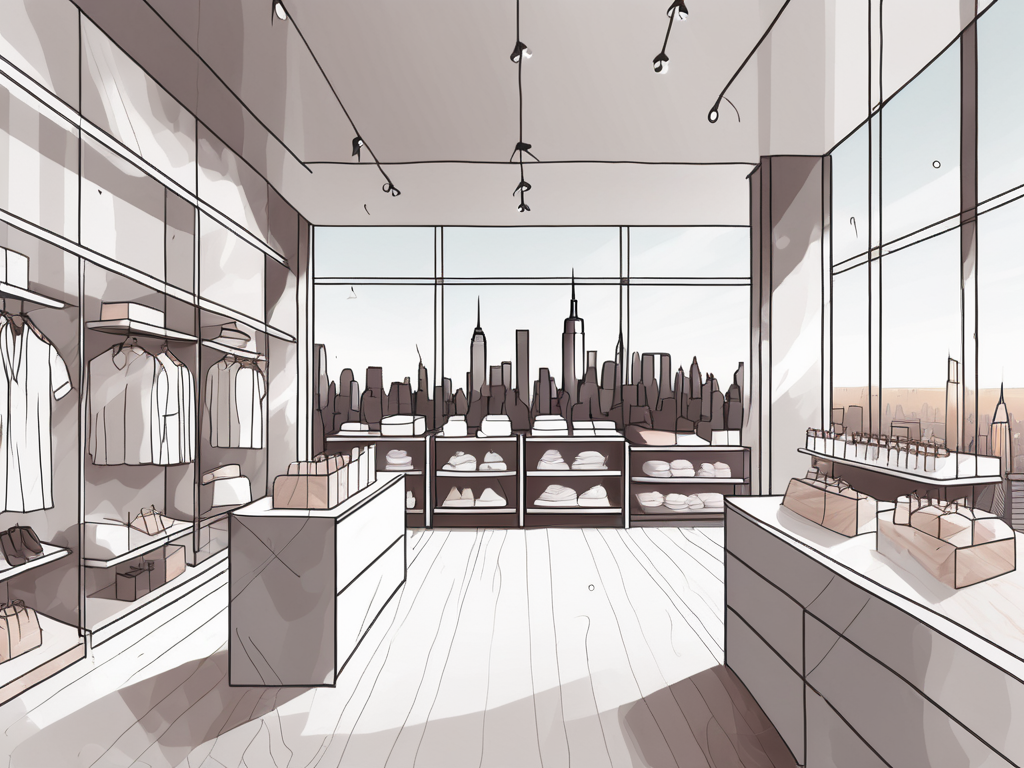 a pristine, sparkling retail store in New York City with a view of the skyline, emphasizing the cleanliness and organization, hand-drawn abstract illustration for a company blog, white background, professional, minimalist, clean lines, faded colors