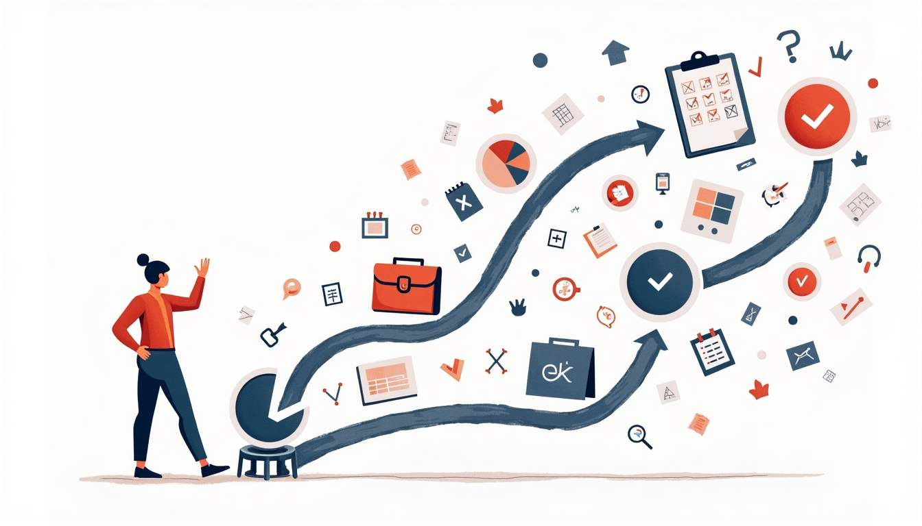 a dynamic scene featuring a variety of temporary work tools and symbols, such as a calendar, a checklist, a briefcase, and a clock, all interconnected by arrows to represent the journey of a candidate navigating the temporary staffing process, hand-drawn abstract illustration for a company blog, white background, professional, minimalist, clean lines, faded colors