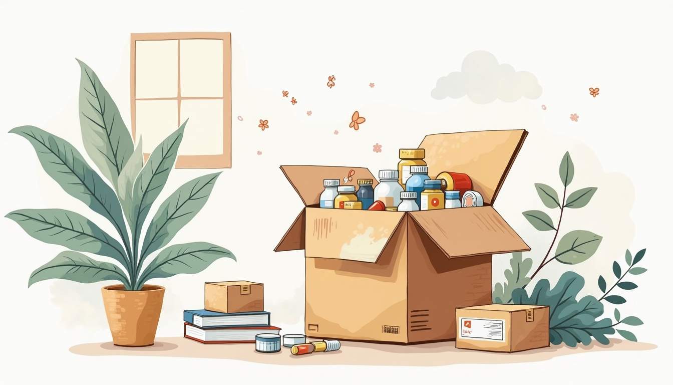 an open delivery box filled with various essential medications, surrounded by a backdrop of a cozy, inviting home environment, with subtle hints of nature peeking through a nearby window, hand-drawn abstract illustration for a company blog, white background, professional, minimalist, clean lines, faded colors