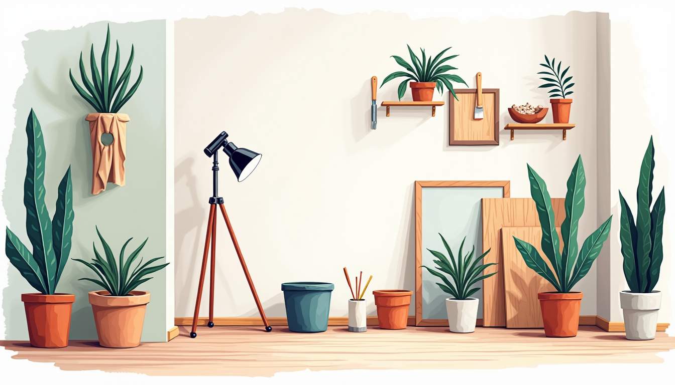 an inviting home interior that showcases various home improvement elements, including a freshly painted wall, neatly organized tools, a stylish plumbing fixture, and vibrant plants, all harmoniously arranged to convey a sense of transformation and comfort, hand-drawn abstract illustration for a company blog, white background, professional, minimalist, clean lines, faded colors