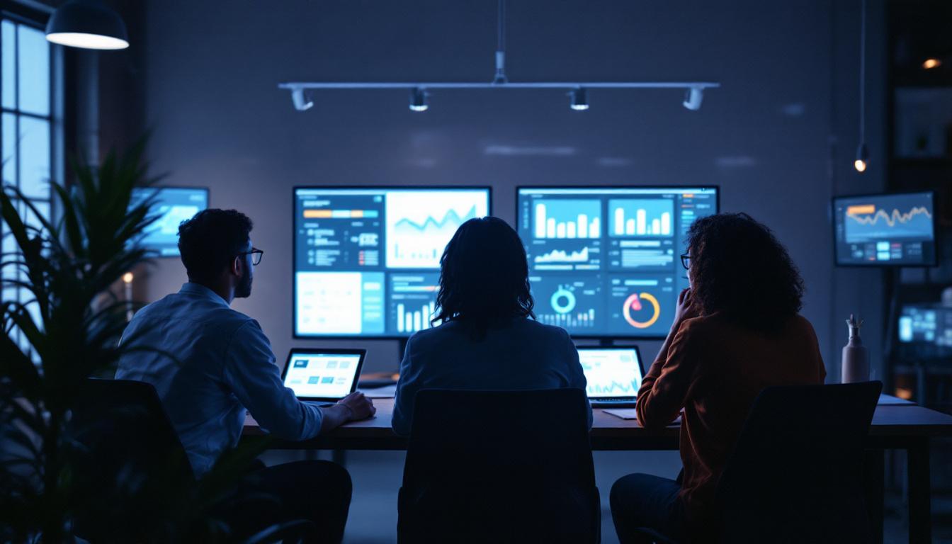Team som analyserer avanserte SEO-data på store skjermer og diskuterer hvordan Generative AI endrer søkeintensjon og moderne søkeatferd.
