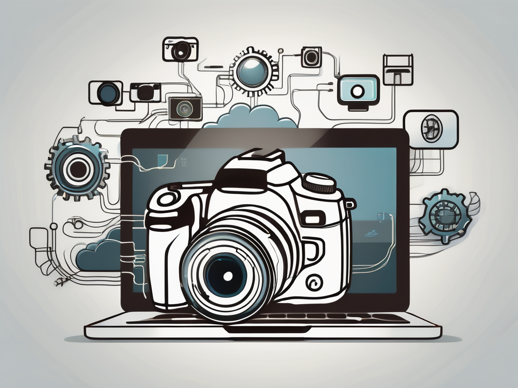 a digital camera connected to a laptop, with various technological icons (like cloud, wifi, gear) floating around it, symbolizing the integration of technology in the photography business, hand-drawn abstract illustration for a company blog, white background, professional, minimalist, clean lines, faded colors