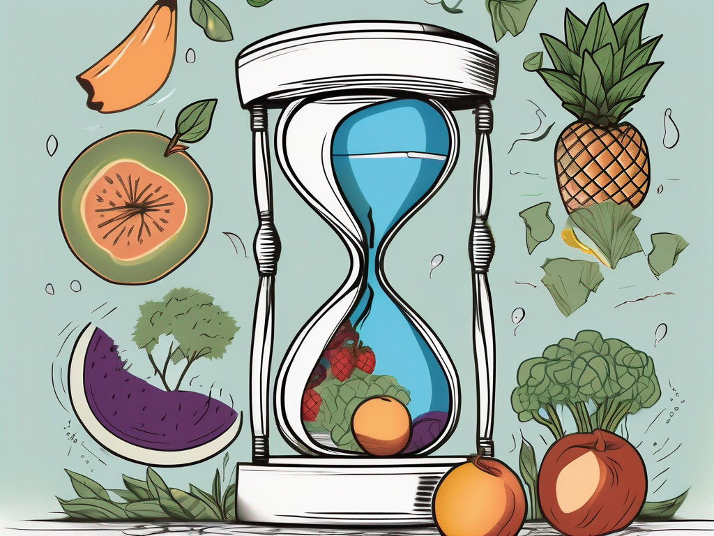 a broken hourglass being repaired with elements symbolizing healthy lifestyle choices such as fruits, vegetables, water, and exercise equipment, all under a calm, serene sky to represent stress reduction, hand-drawn abstract illustration for a company blog, white background, professional, minimalist, clean lines, faded colors