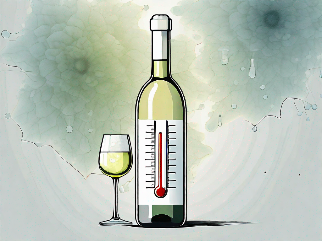 a chilled white wine bottle with a thermometer showing a temperature that's lower than the ideal drinking temperature, placed in an icy environment, hand-drawn abstract illustration for a company blog, white background, professional, minimalist, clean lines, faded colors