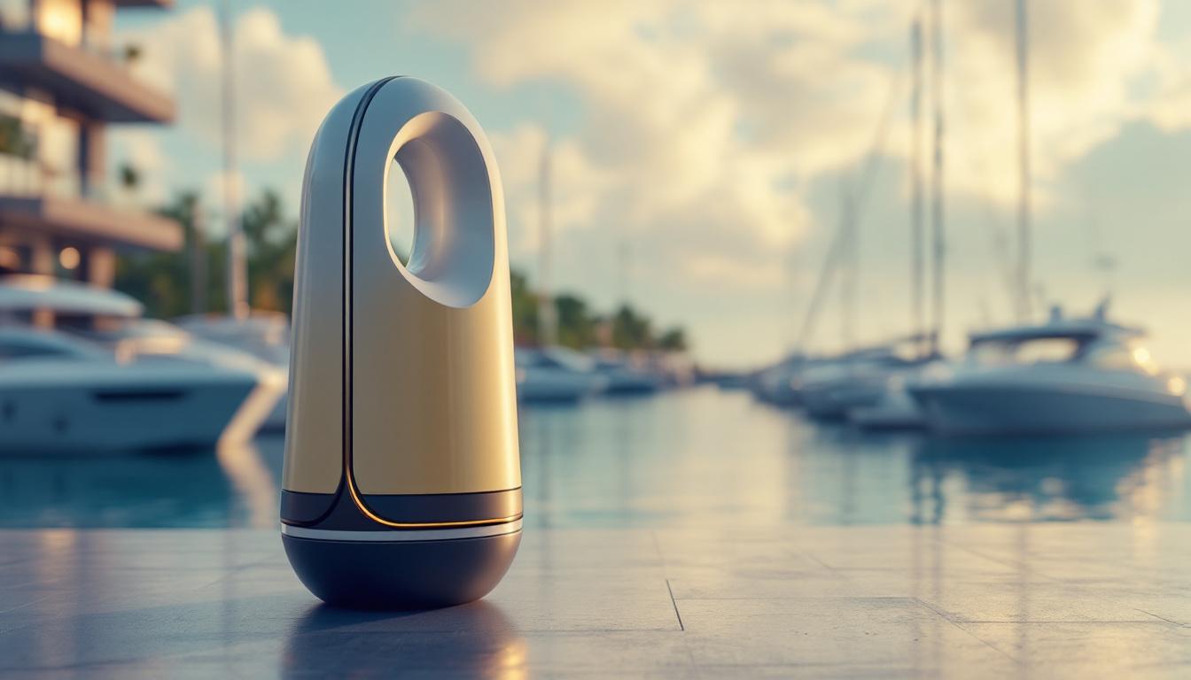 A sleek, modern marine sensor device placed on a waterfront surface with yachts and a marina in the blurred background, illustrating advanced maritime monitoring technology.