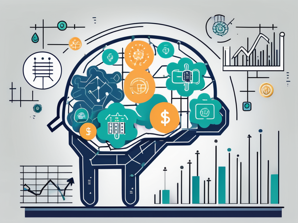 a machine learning model symbolized by a digital brain, interacting with various financial icons like a piggy bank, coins, and a graph, indicating the enhancement of personal finance management, hand-drawn abstract illustration for a company blog, white background, professional, minimalist, clean lines, faded colors