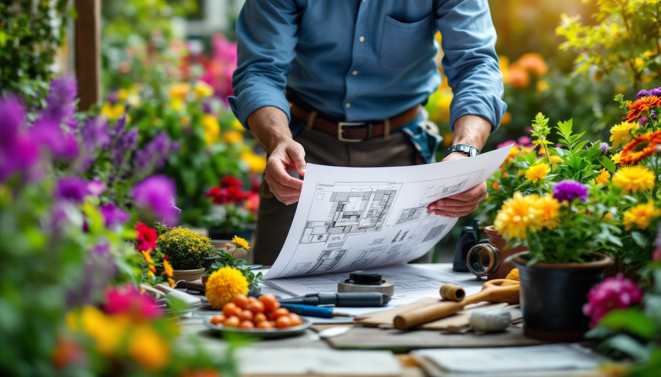 Man holding architectural plans in garden - Landscaping Business Tips 2024 by Solo AI Website Creator