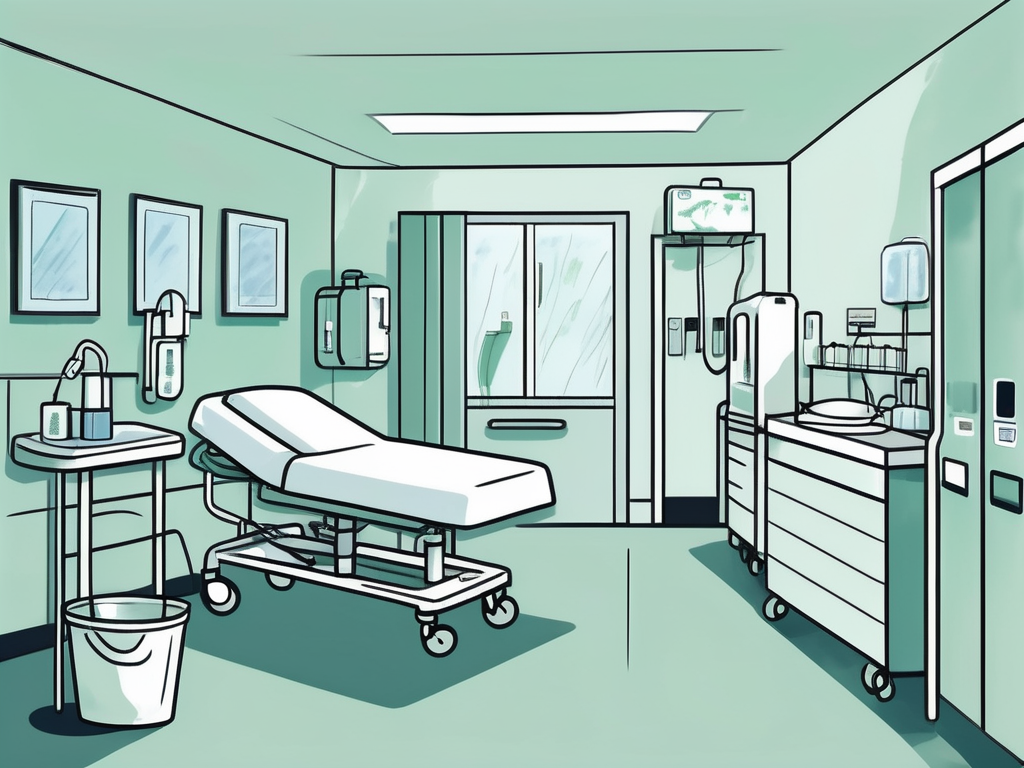 a pristine hospital room with clearly visible cleaning tools like mop, bucket, disinfectant sprays, and sterilized medical equipment, emphasizing the cleanliness and safety of the environment, hand-drawn abstract illustration for a company blog, white background, professional, minimalist, clean lines, faded colors