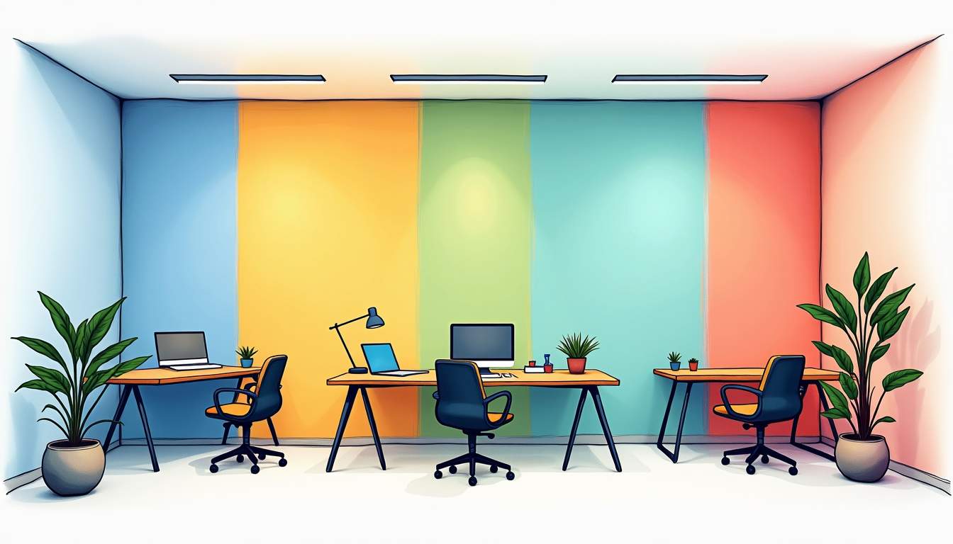 an office workspace featuring a variety of wall colors, with each section of the wall showcasing different shades and patterns that symbolize focus and productivity, complemented by elements like plants, desk accessories, and light sources that enhance the overall atmosphere, hand-drawn abstract illustration for a company blog, white background, professional, minimalist, clean lines, faded colors