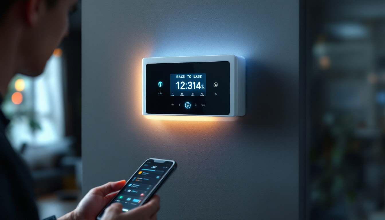 a photograph of a modern back to base alarm system installed in a home or business setting, highlighting its sleek design and functionality, while also showing an operator monitoring the system on a smartphone or computer for a sense of security and connectivity, photographic, realistic, for a startup's blog, low saturation, life-like realistic soft lighting 4k sigma 50mm f2.8