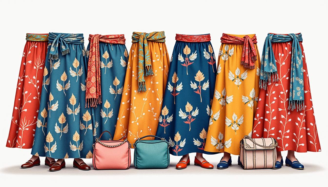 a vibrant display of various block print skirts in an array of colors and patterns, artistically arranged in a way that showcases their unique designs and textures, surrounded by complementary accessories like scarves and bags that enhance the overall aesthetic, hand-drawn abstract illustration for a company blog, white background, professional, minimalist, clean lines, faded colors