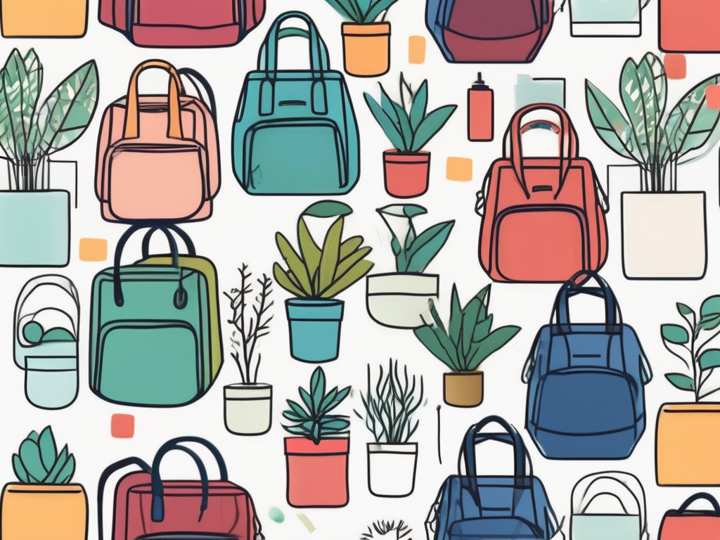 a colorful assortment of kids' bags, each uniquely filled with items like books, a water bottle, a lunch box, and a small plant, symbolizing responsibility, hand-drawn abstract illustration for a company blog, white background, professional, minimalist, clean lines, faded colors