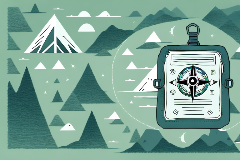 a backpack with a compass, map, and binoculars against a backdrop of majestic mountains and lush forests, symbolizing the spirit of adventure and exploration, hand-drawn abstract illustration for a company blog, in style of corporate memphis, faded colors, white background, professional, minimalist, clean lines