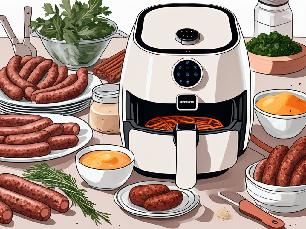 an air fryer with frozen Esposito's breakfast sausage links inside, surrounded by cooking utensils and ingredients like herbs and spices, on a kitchen countertop, hand-drawn abstract illustration for a company blog, white background, professional, minimalist, clean lines, faded colors