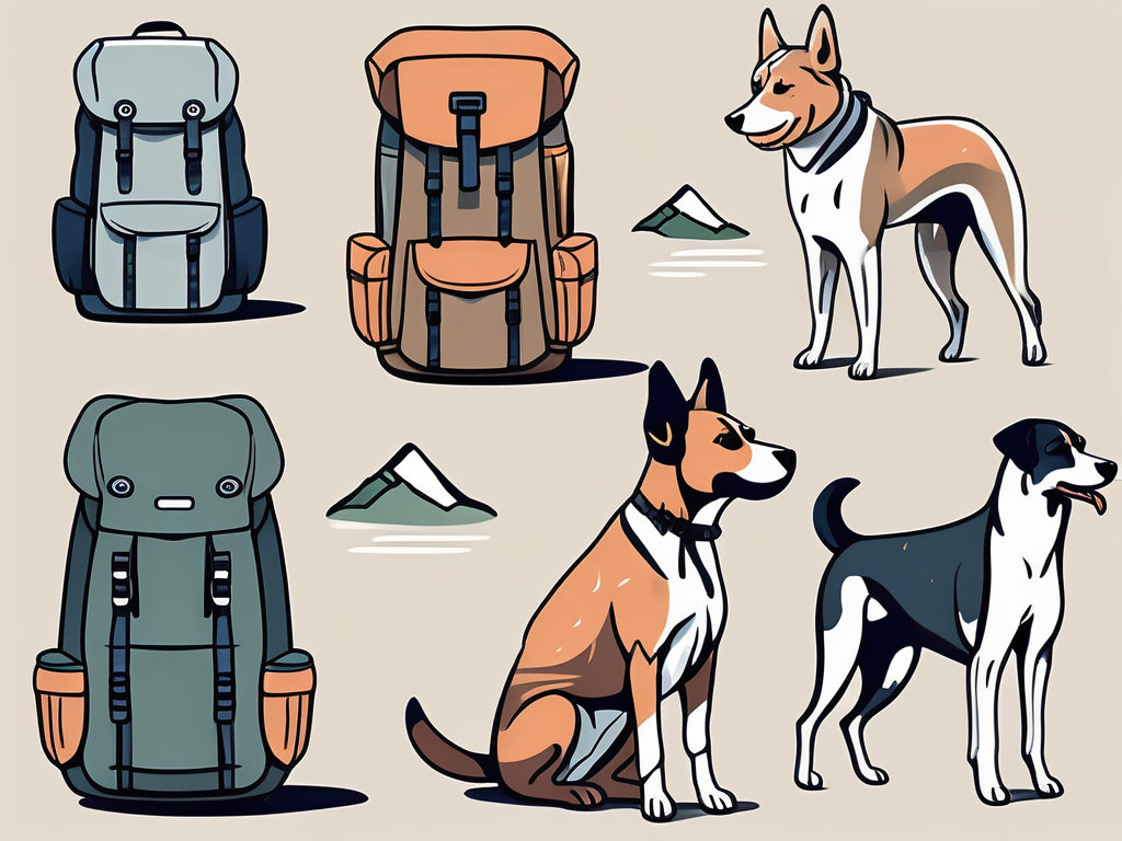 a variety of different styled dog rucksacks on a few different breeds of dogs, all set against a backdrop of a scenic hiking trail, hand-drawn abstract illustration for a company blog, white background, professional, minimalist, clean lines, faded colors