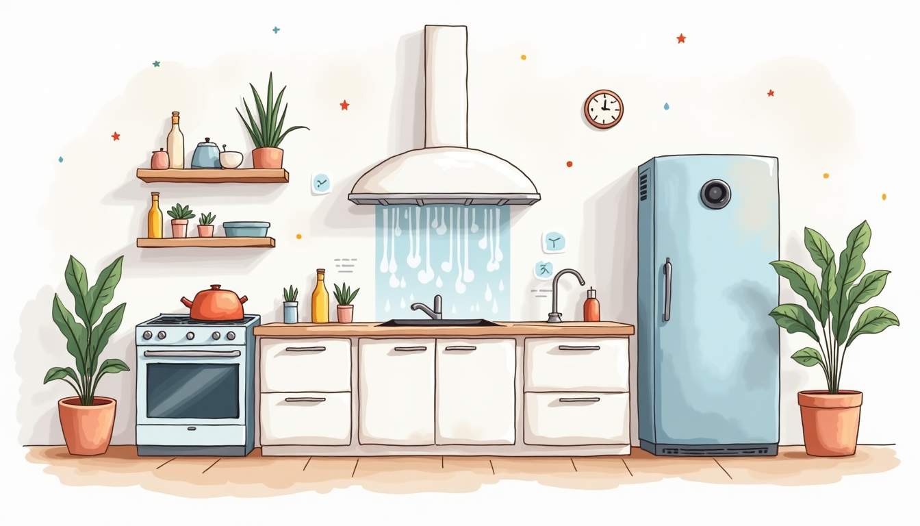 an instant water heater prominently displayed in a modern kitchen setting, surrounded by various features and benefits like energy efficiency symbols, hot water flow lines, and a cozy home environment, hand-drawn abstract illustration for a company blog, white background, professional, minimalist, clean lines, faded colors
