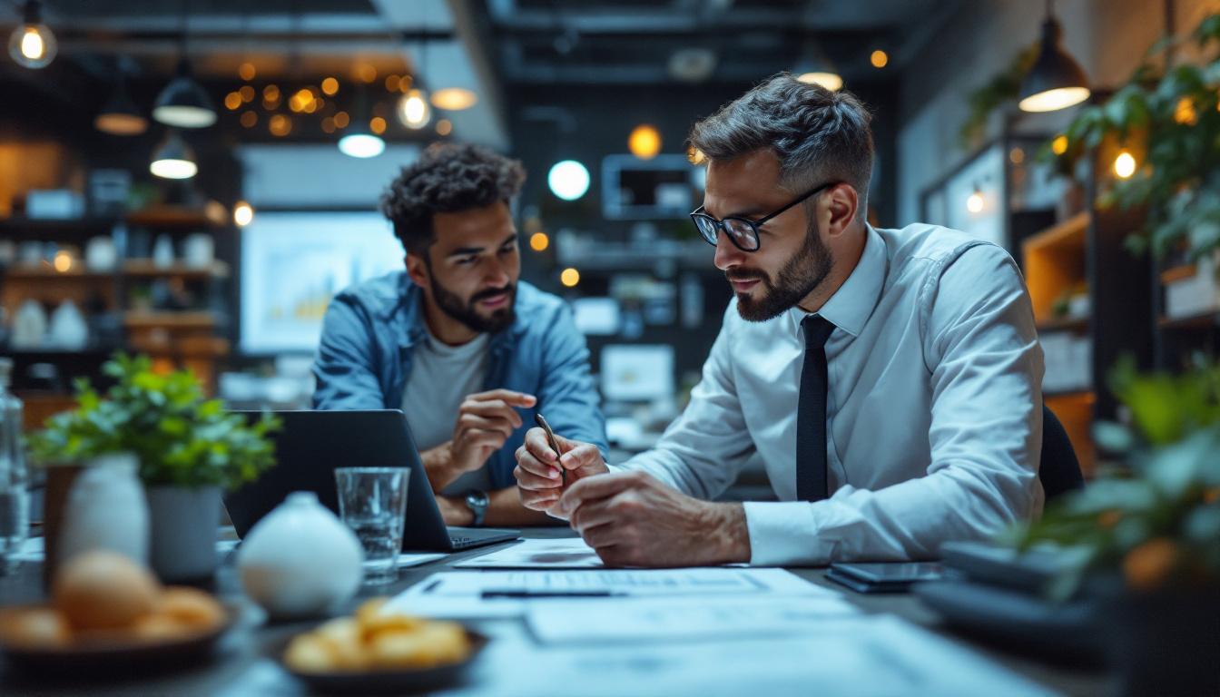 To forretningsrådgivere som gjennomgår nøkkeltall og dokumenter i et møte – et profesjonelt øyeblikk som illustrerer prosessen med verdivurdering og forberedelse ved kjøp og salg av bedrifter hos NBM.no.