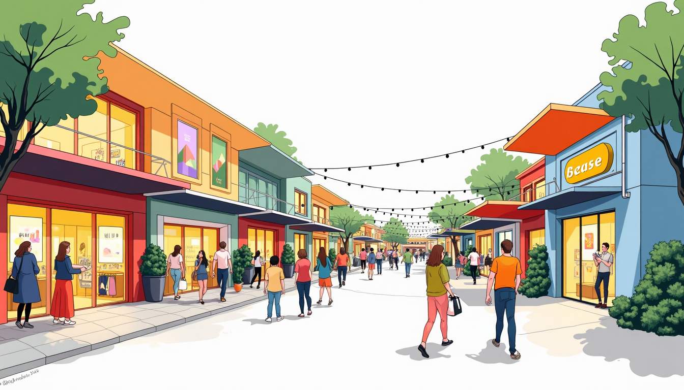 Draw an illustration of a vibrant, inviting retail space filled with unique leisure activities, showcasing elements like colorful storefronts, interactive displays, and engaging environments that encourage exploration and social interaction, hand-drawn abstract illustration for a company blog, white background, professional, minimalist, clean lines, faded colors