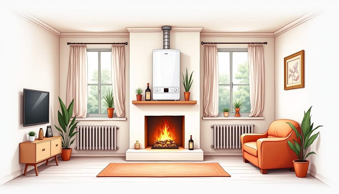 a cozy, modern home interior with a well-designed heating system, showcasing radiators and a boiler, surrounded by elements that convey warmth and safety, such as a glowing fireplace and energy-efficient appliances, hand-drawn abstract illustration for a company blog, white background, professional, minimalist, clean lines, faded colors