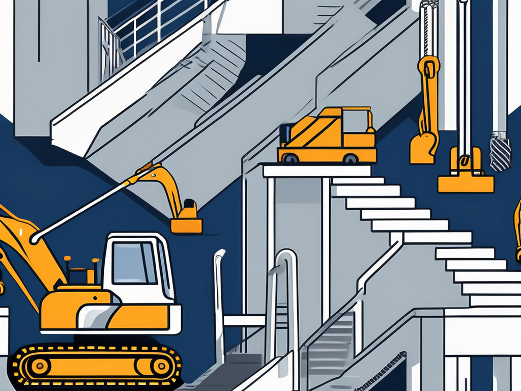 various excavation tools and safety equipment arranged in an upward, stair-like pattern, symbolizing growth and progression in the excavation industry, hand-drawn abstract illustration for a company blog, white background, professional, minimalist, clean lines, light navy blue and gray